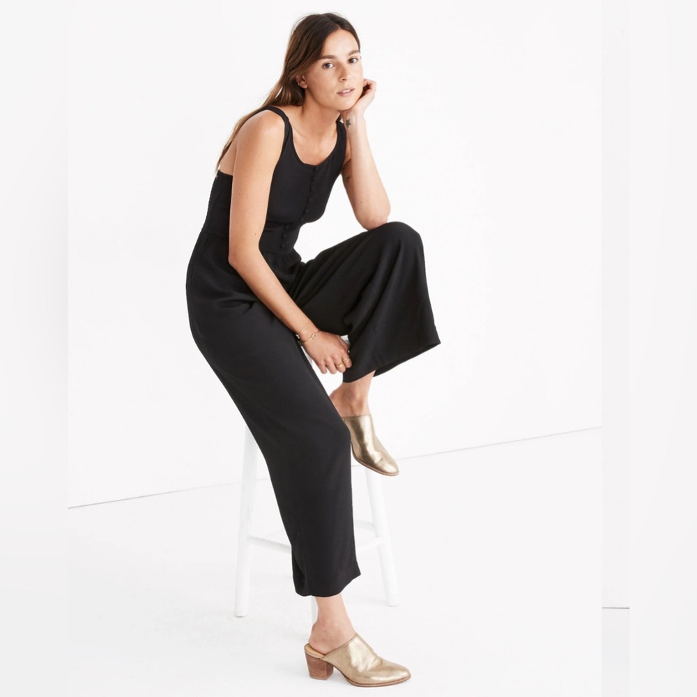 Madewell Sleeveless Smocked Button Front Crop Black Jumpsuit Size:14